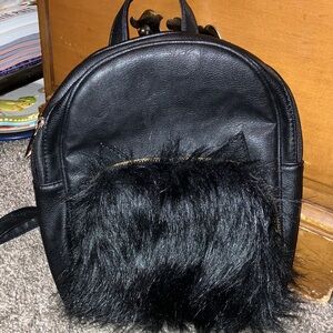 Chic Black Backpack With Faux Fur Accent & Cat Ear Trim 10” X 10”